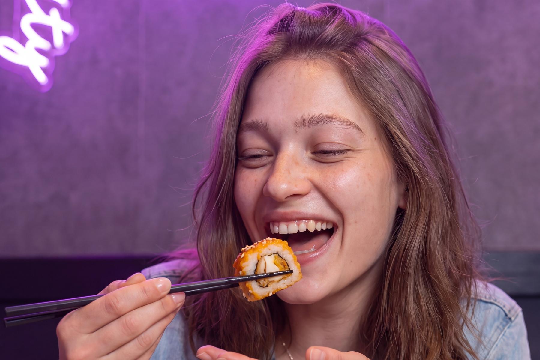 Photo d'une cliente qui s'apprête à croquer un crispy roll pané aux baguettes sous les néons roses chez Yushithaï, le meilleur restaurant sushi et thaï à Lyon 6, Masséna, près du métro Foch