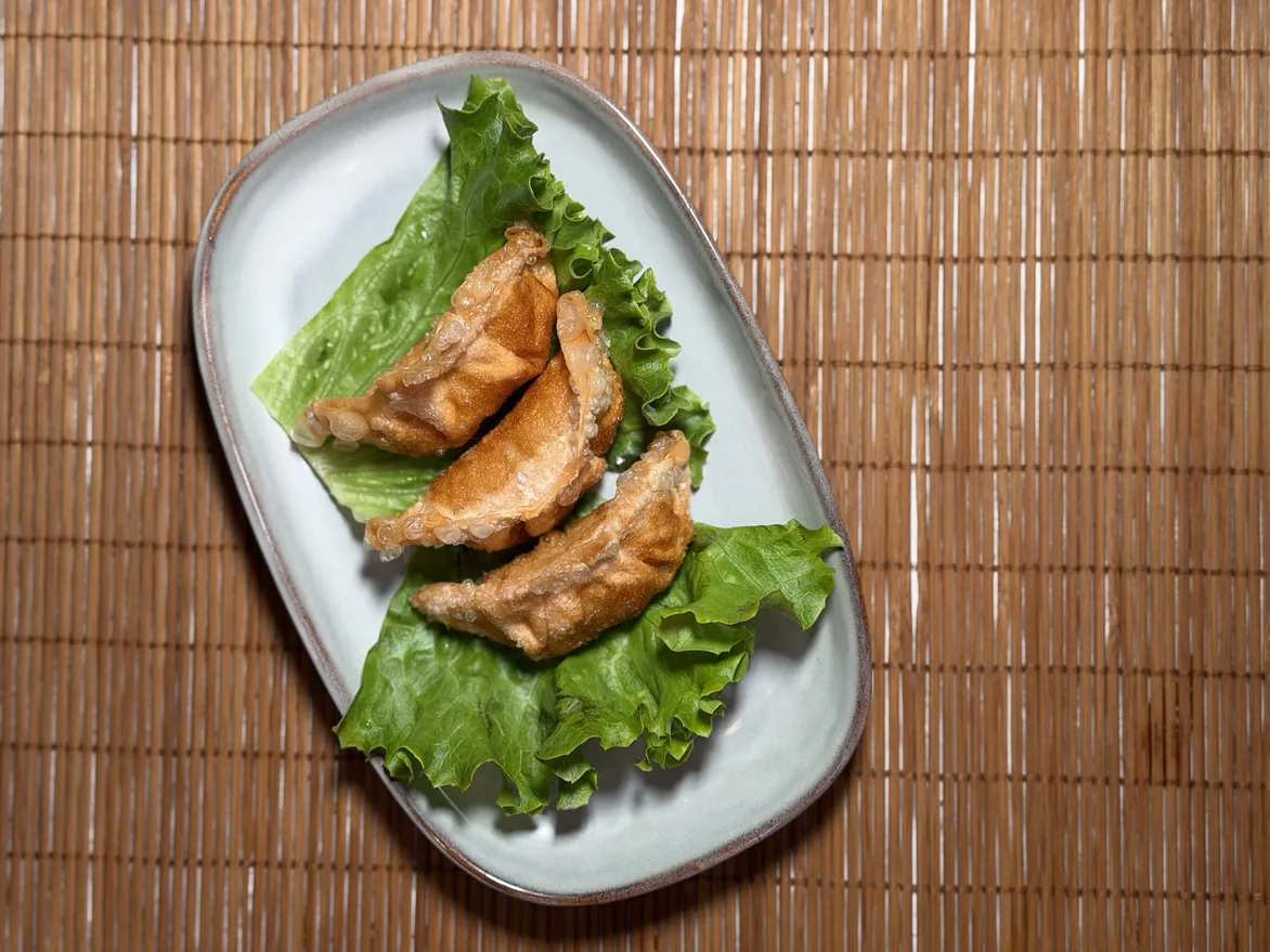 Photo de gyozas grillés sur feuilles de salade chez Yushithaï, le meilleur restaurant japonais halal à Lyon 6, Masséna, à deux pas du métro Foch