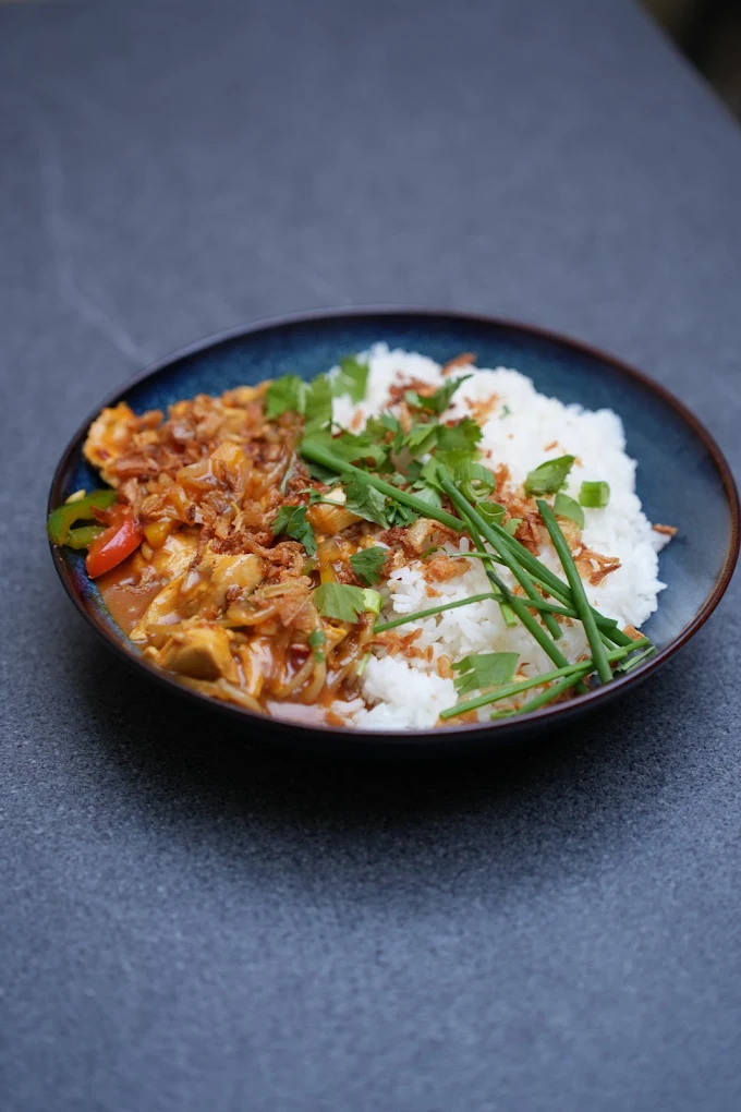 Photo d'un curry thaï au poulet et de son riz, restaurant thaï Lyon 6