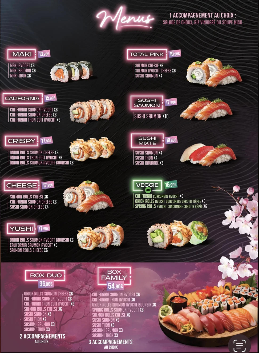 Photo de la carte au néon rose des neuf menus de Yushithaï